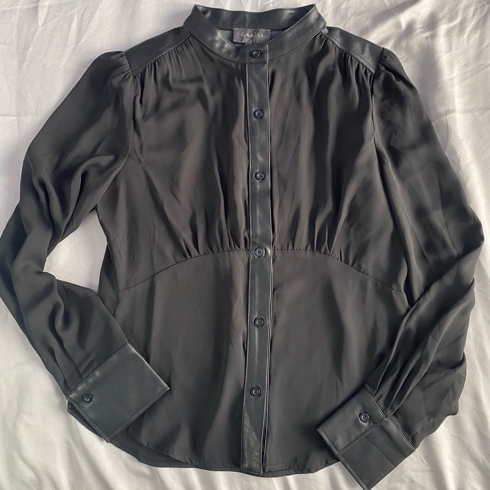 Gracia Black Chiffon Button Down Shirt with Leather Trim M NWT
